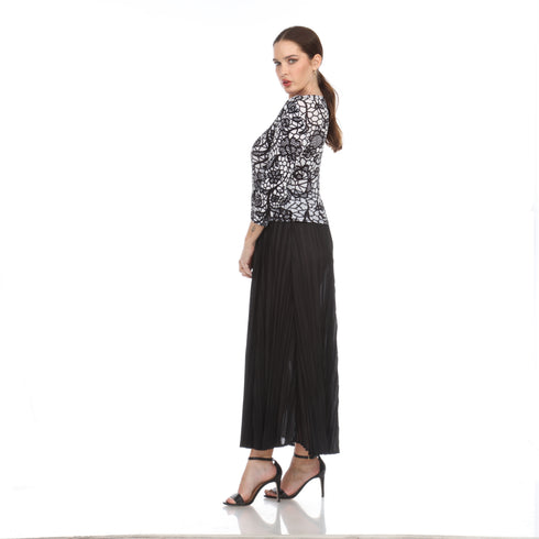 Lace Print Long Sleeve Pleated Dress - DR1220